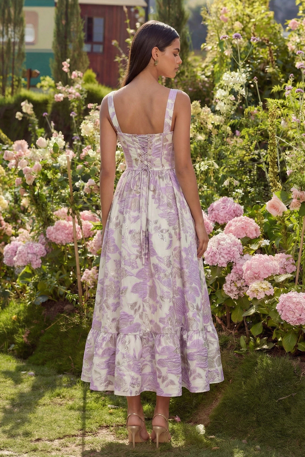 Purple Jacquard Floral A Line Long Corset Wedding Guest Dress