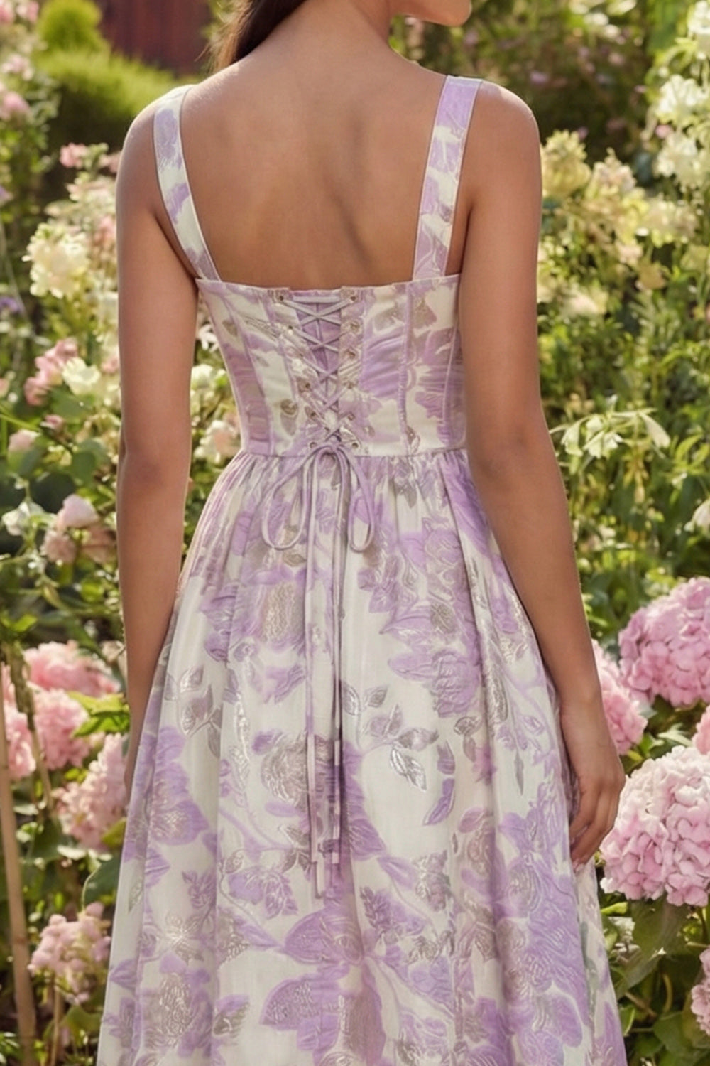 Purple Jacquard Floral A Line Long Corset Wedding Guest Dress