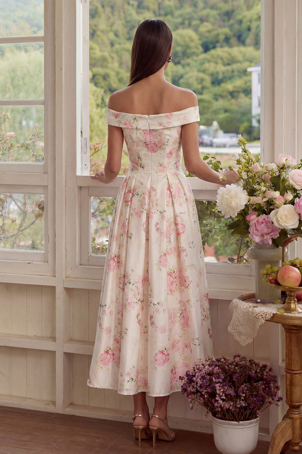 White Pink Flower Corset Floral Off the Shoulder Long Wedding Guest Dress