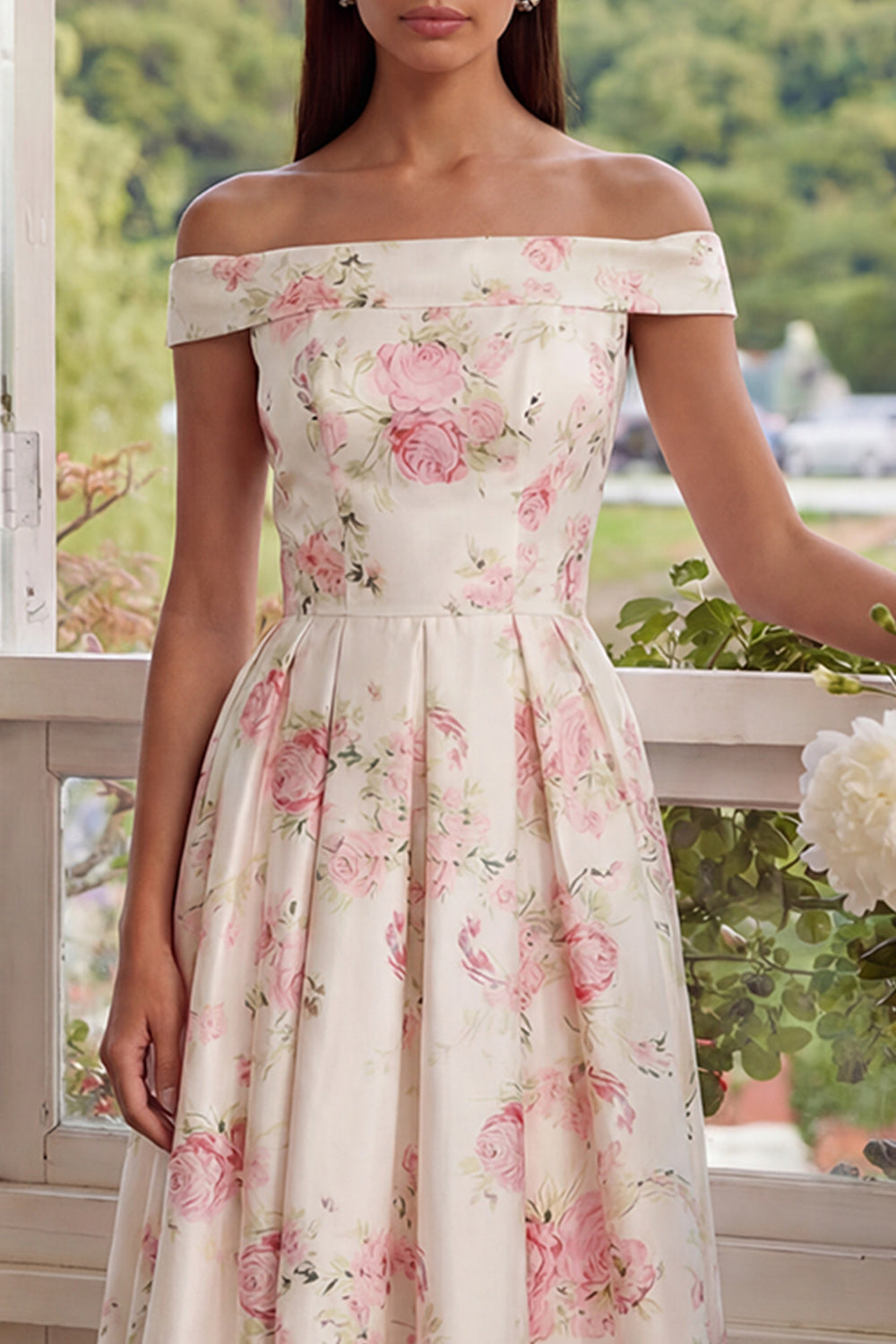 White Pink Flower Corset Floral Off the Shoulder Long Wedding Guest Dress