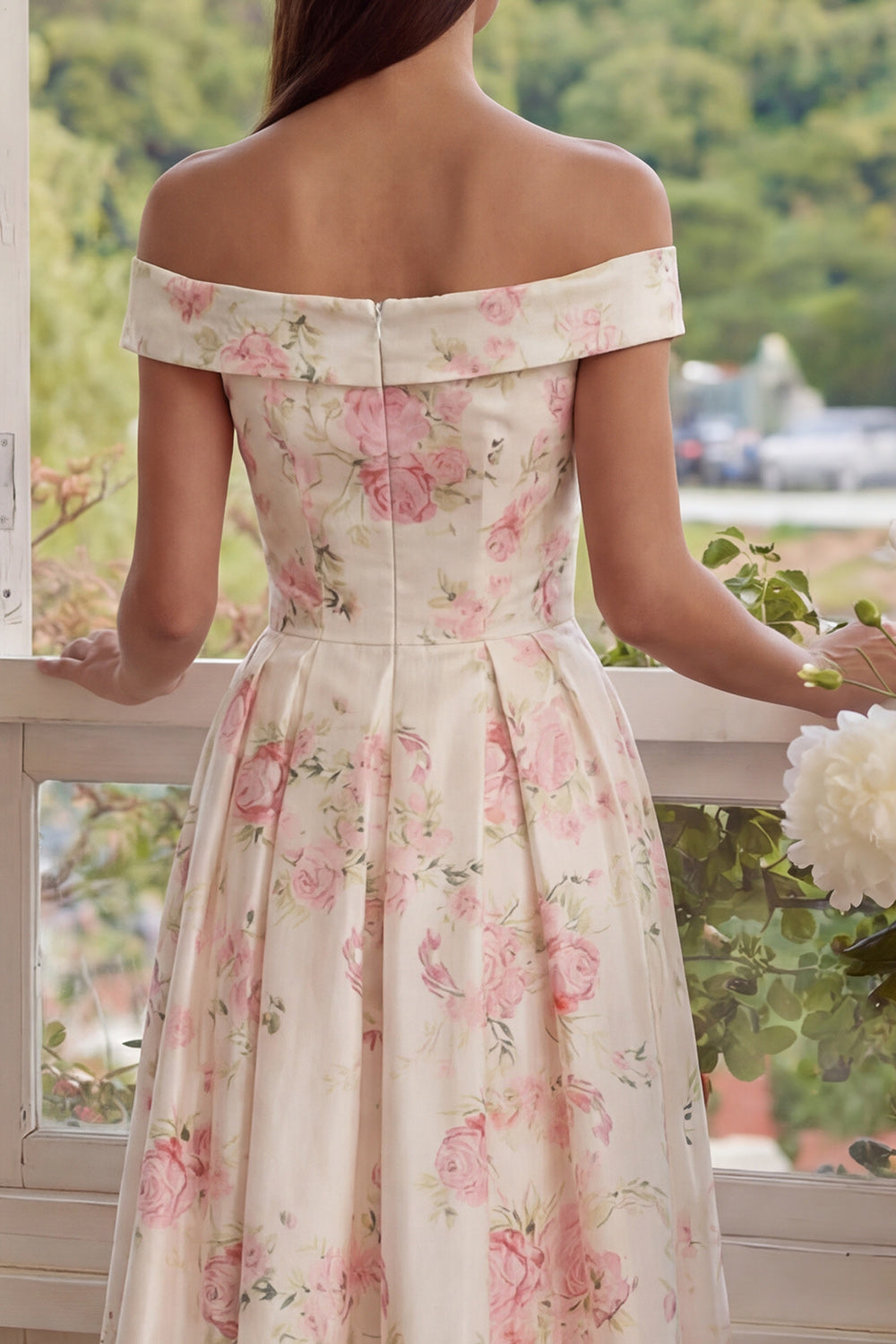 White Pink Flower Corset Floral Off the Shoulder Long Wedding Guest Dress