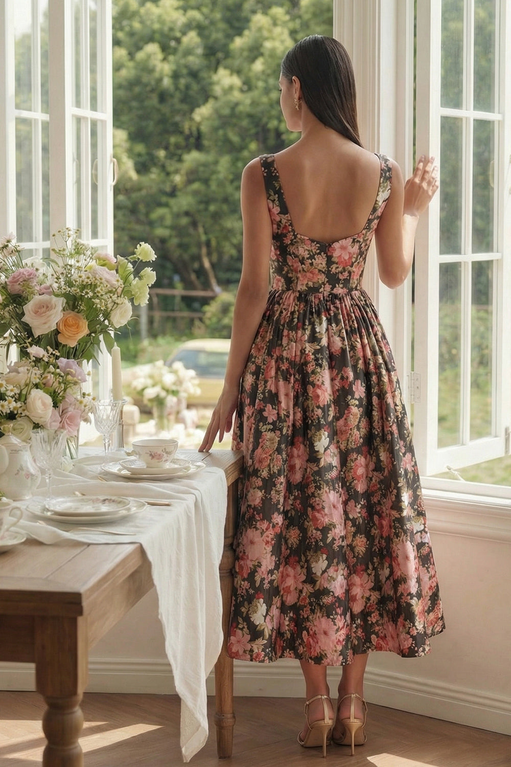 Square Neck Black Pink A Line Floral Long Wedding Guest Dress