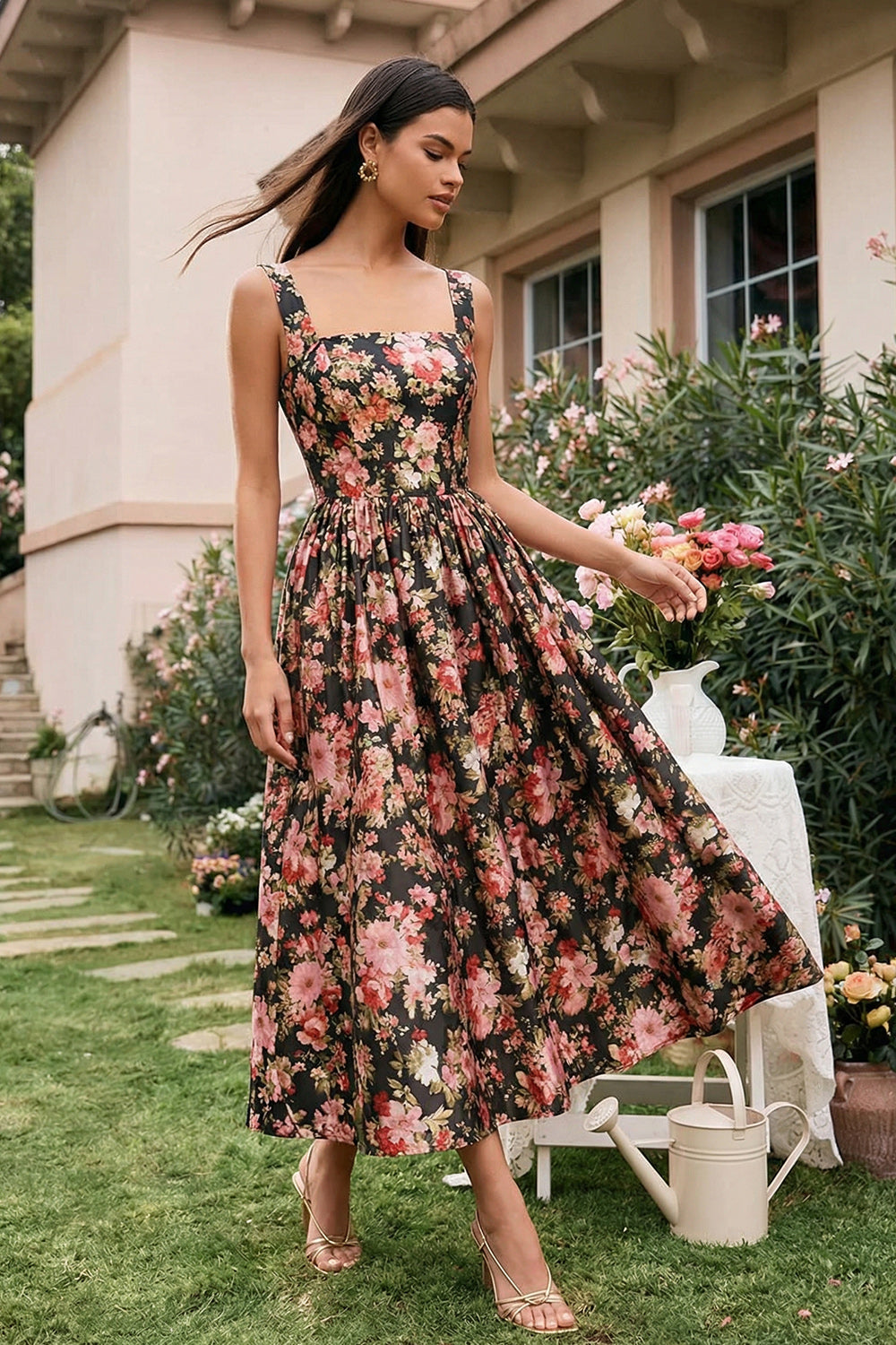 Square Neck Black Pink A Line Floral Long Wedding Guest Dress