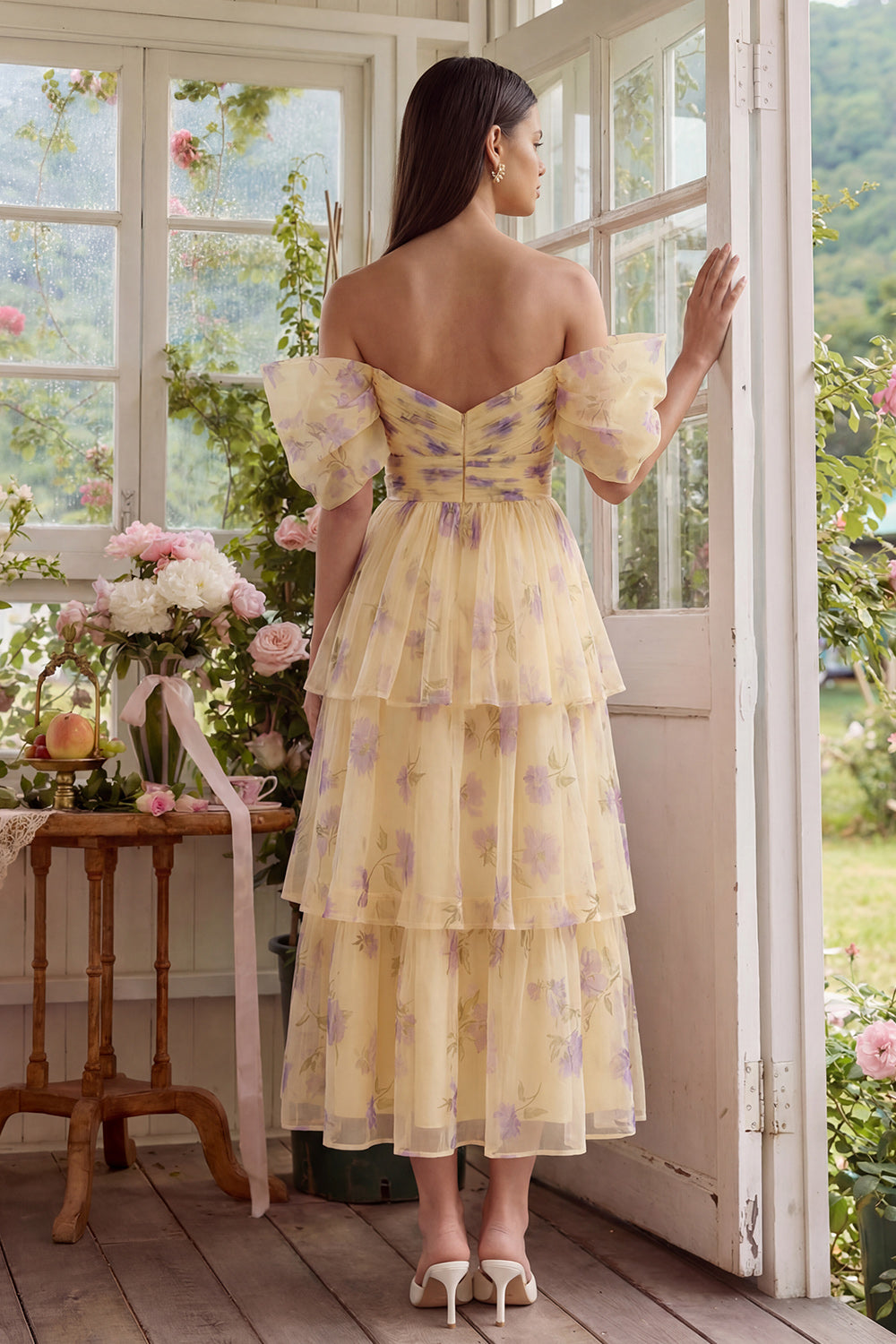 Yellow Flower Tiered Off the Shoulder Long Wedding Guest Dress with Ruffles