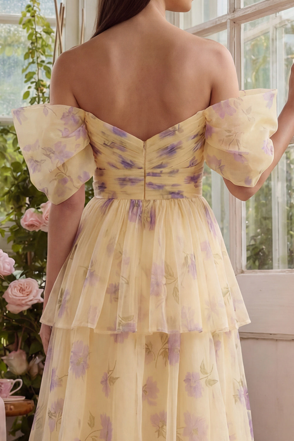 Yellow Flower Tiered Off the Shoulder Long Wedding Guest Dress with Ruffles