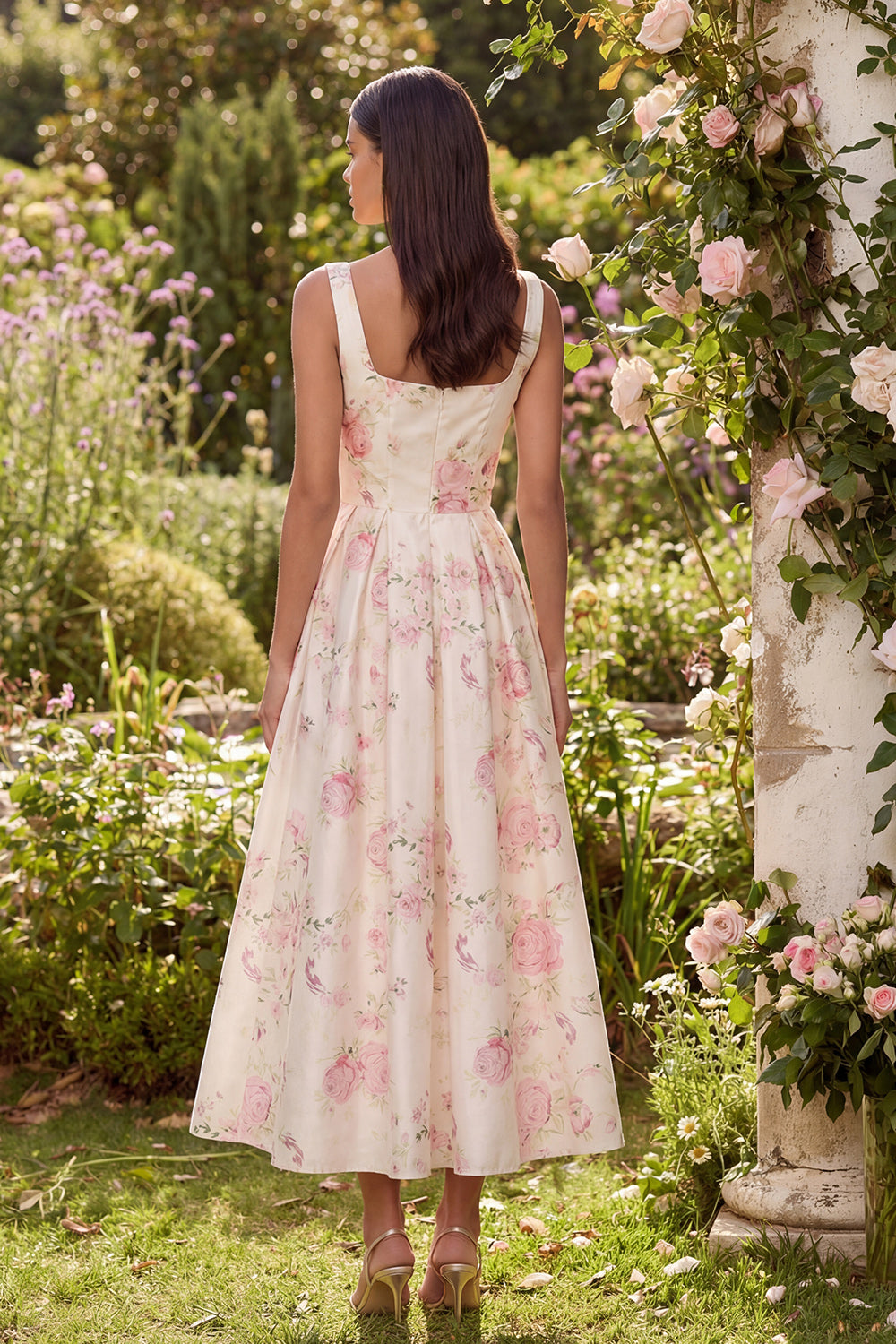 White Pink Flower Square Neck A Line Long Wedding Guest Dress with Bow