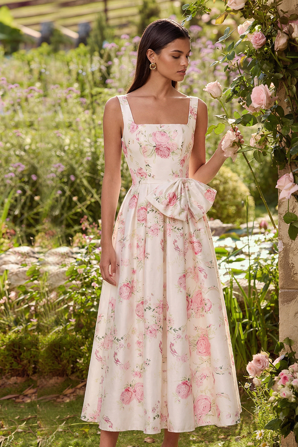 White Pink Flower Square Neck A Line Long Wedding Guest Dress with Bow