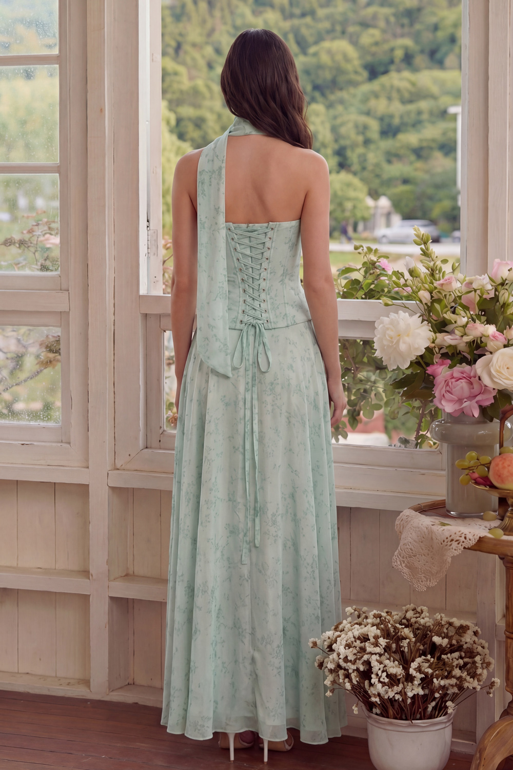 Dusty Sage A Line Neck Scarf Floral Basque Waist Long Corset Wedding Guest Dress