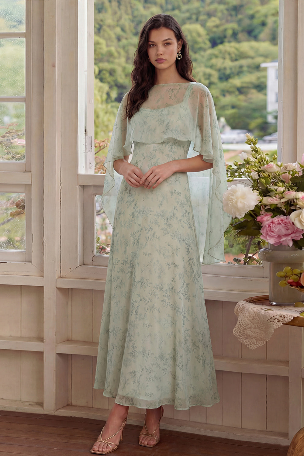 Dusty Sage A Line Floral Long Wedding Guest Dress with Cape