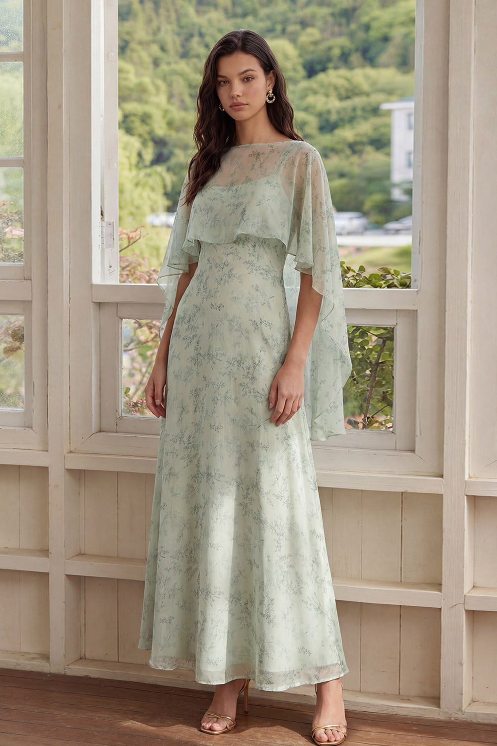 Dusty Sage A Line Floral Long Wedding Guest Dress with Cape