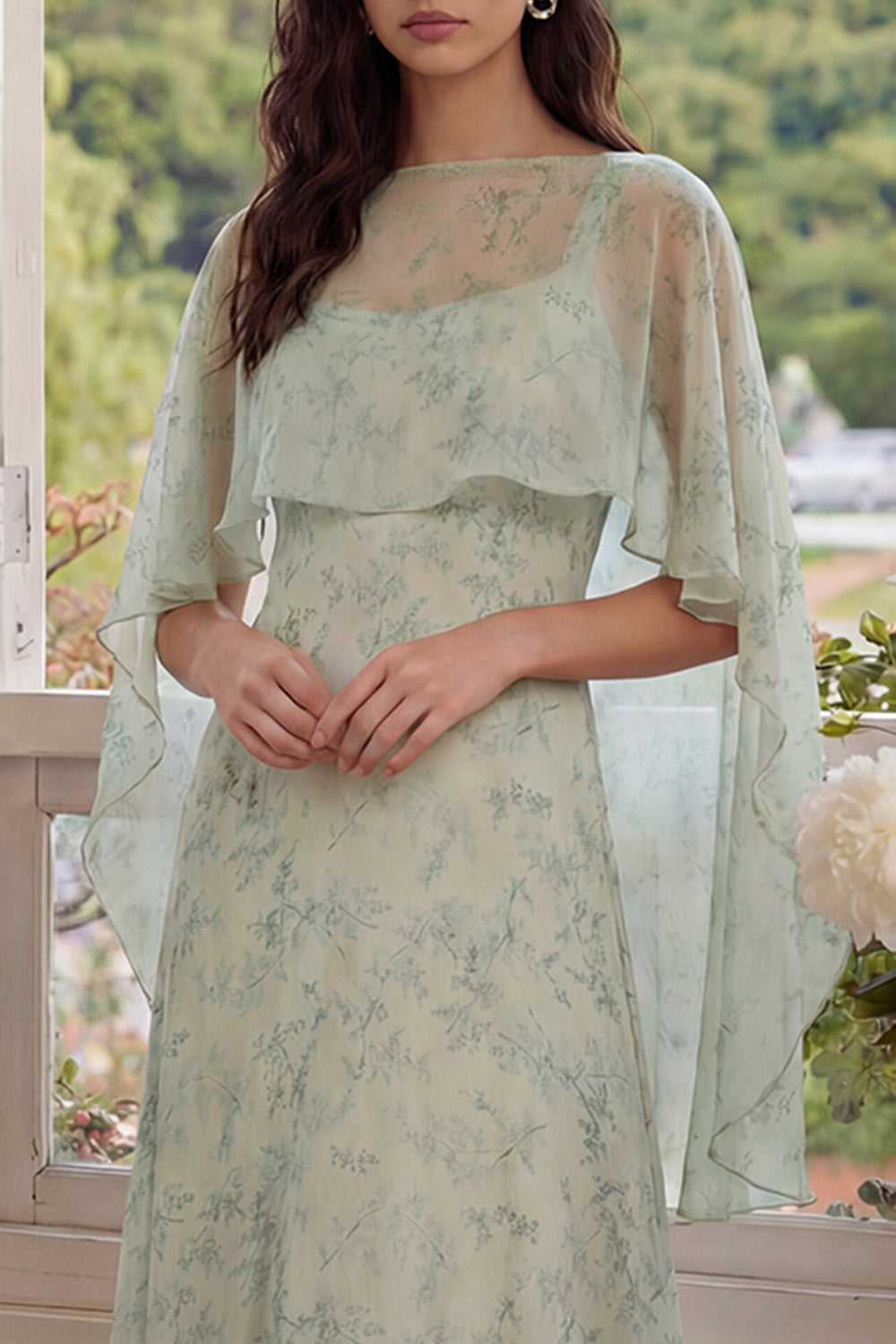 Dusty Sage A Line Floral Long Wedding Guest Dress with Cape