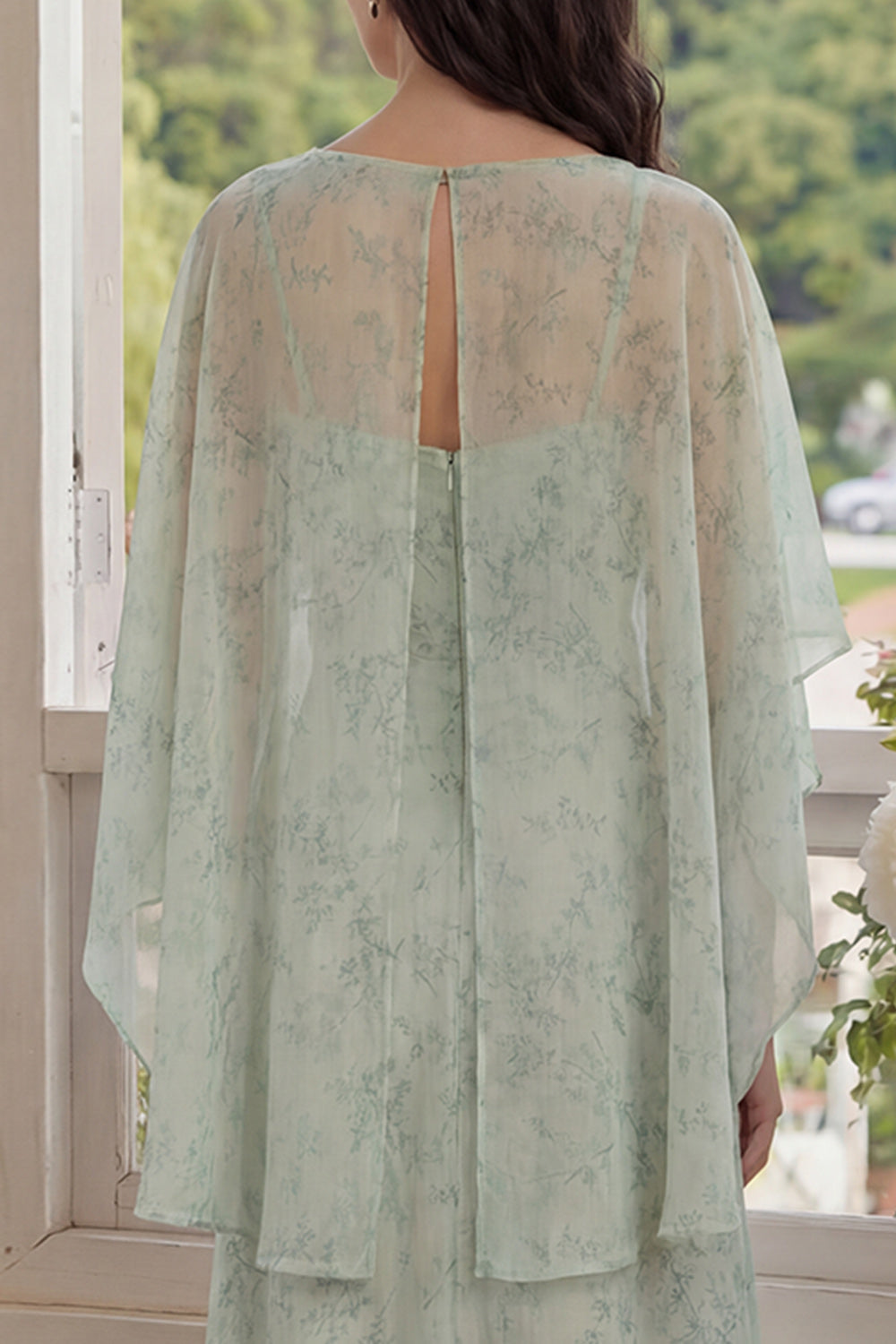 Dusty Sage A Line Floral Long Wedding Guest Dress with Cape