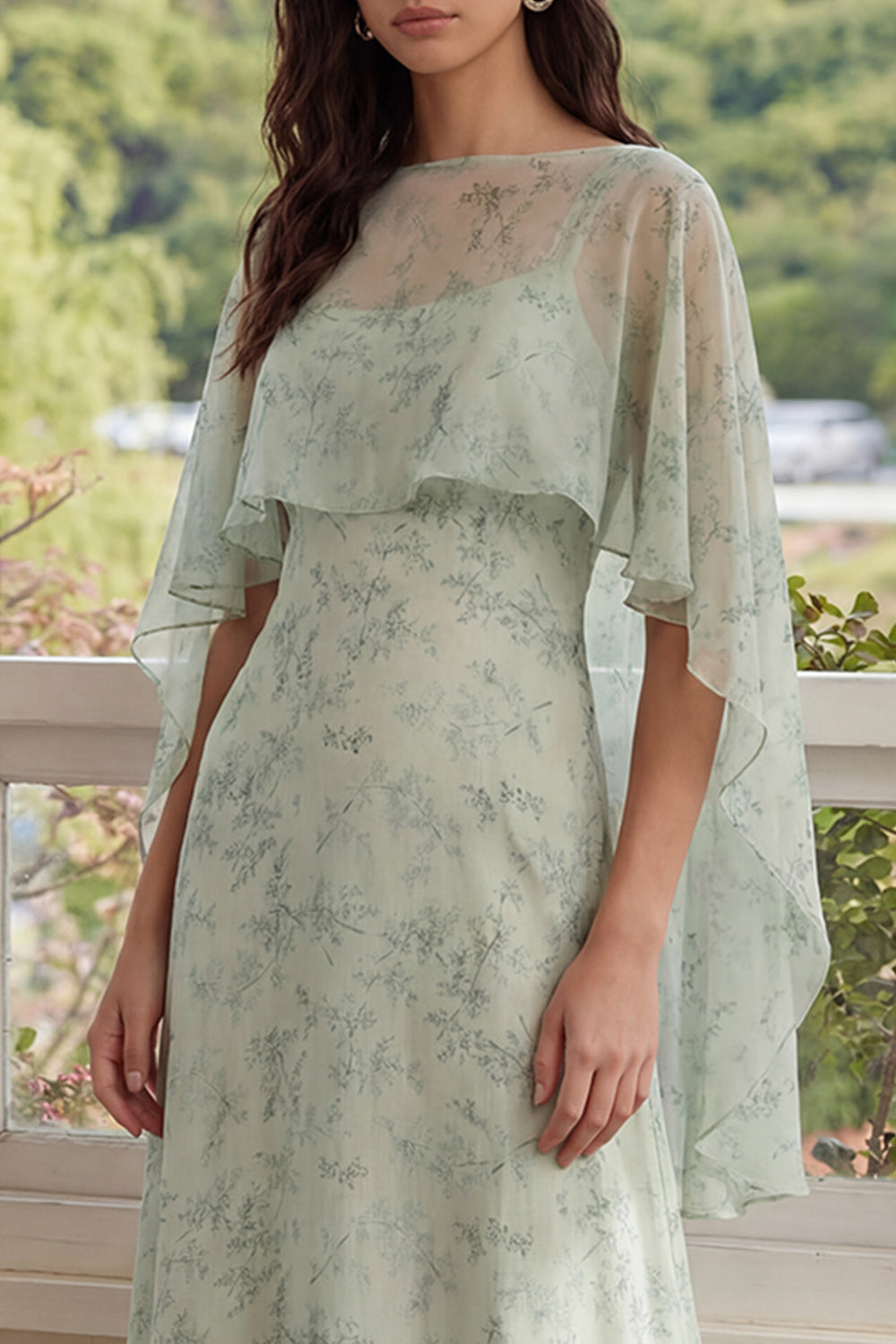 Dusty Sage A Line Floral Long Wedding Guest Dress with Cape