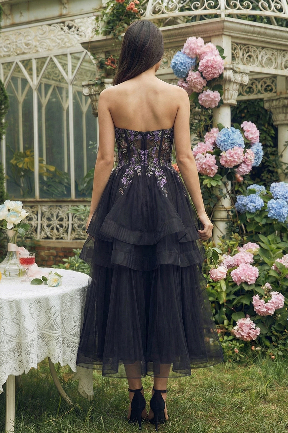Black Floral Sweetheart A Line Tulle Long Wedding Guest Dress