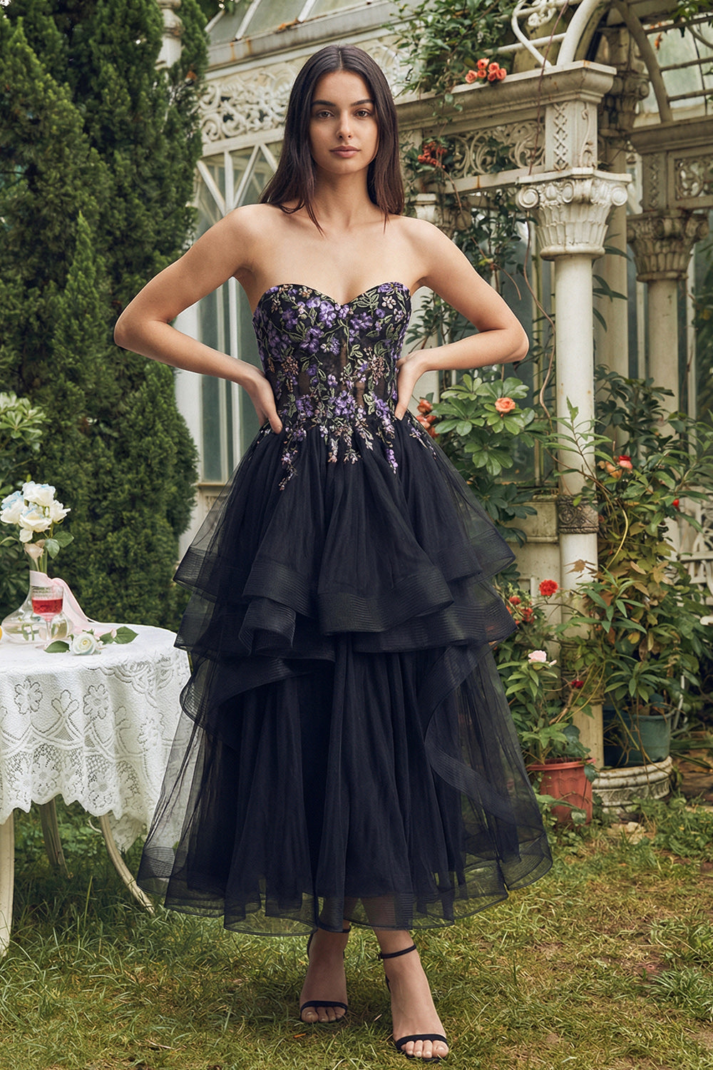 Black Floral Sweetheart A Line Tulle Long Wedding Guest Dress
