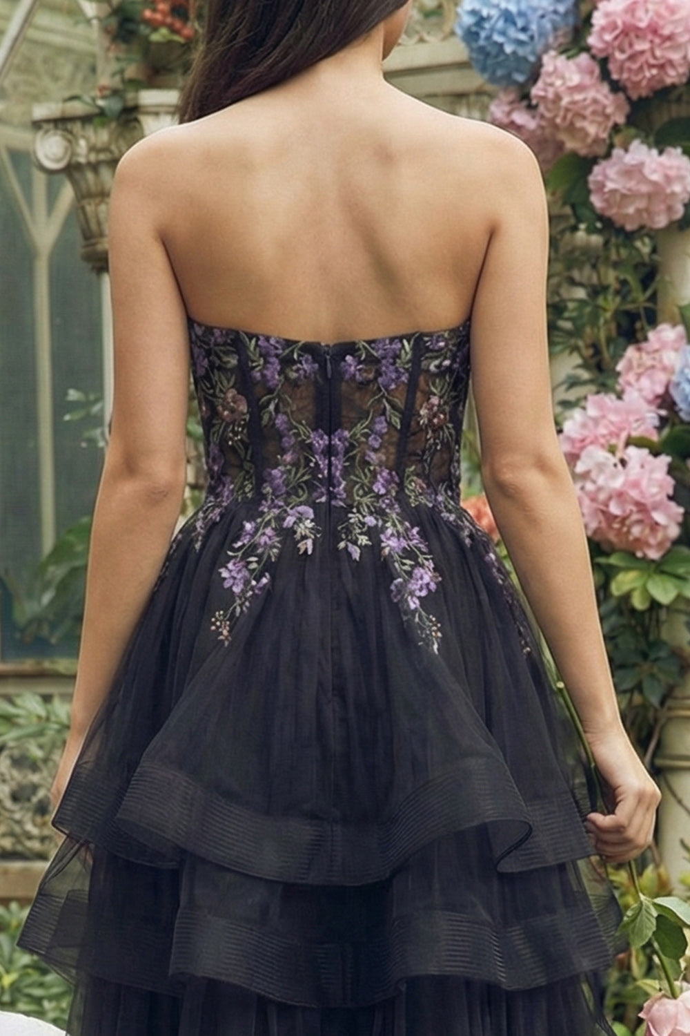 Black Floral Sweetheart A Line Tulle Long Wedding Guest Dress