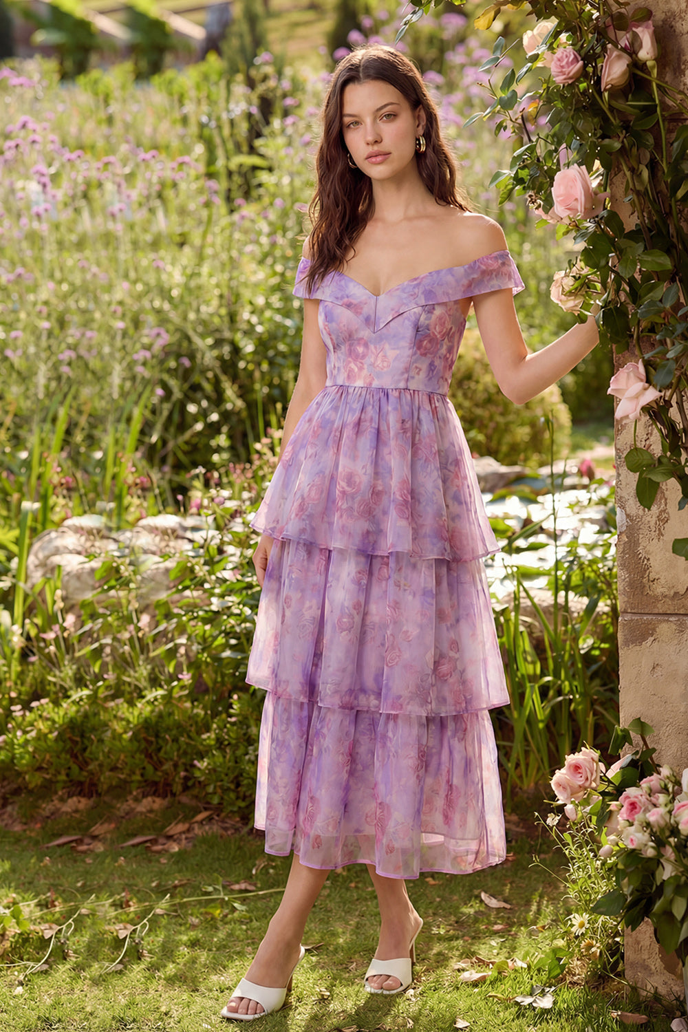 Purple Off the Shoulder Ruffled A Line Floral Long Corset Wedding Guest Dress