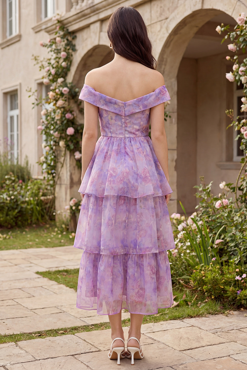 Purple Off the Shoulder Ruffled A Line Floral Long Corset Wedding Guest Dress
