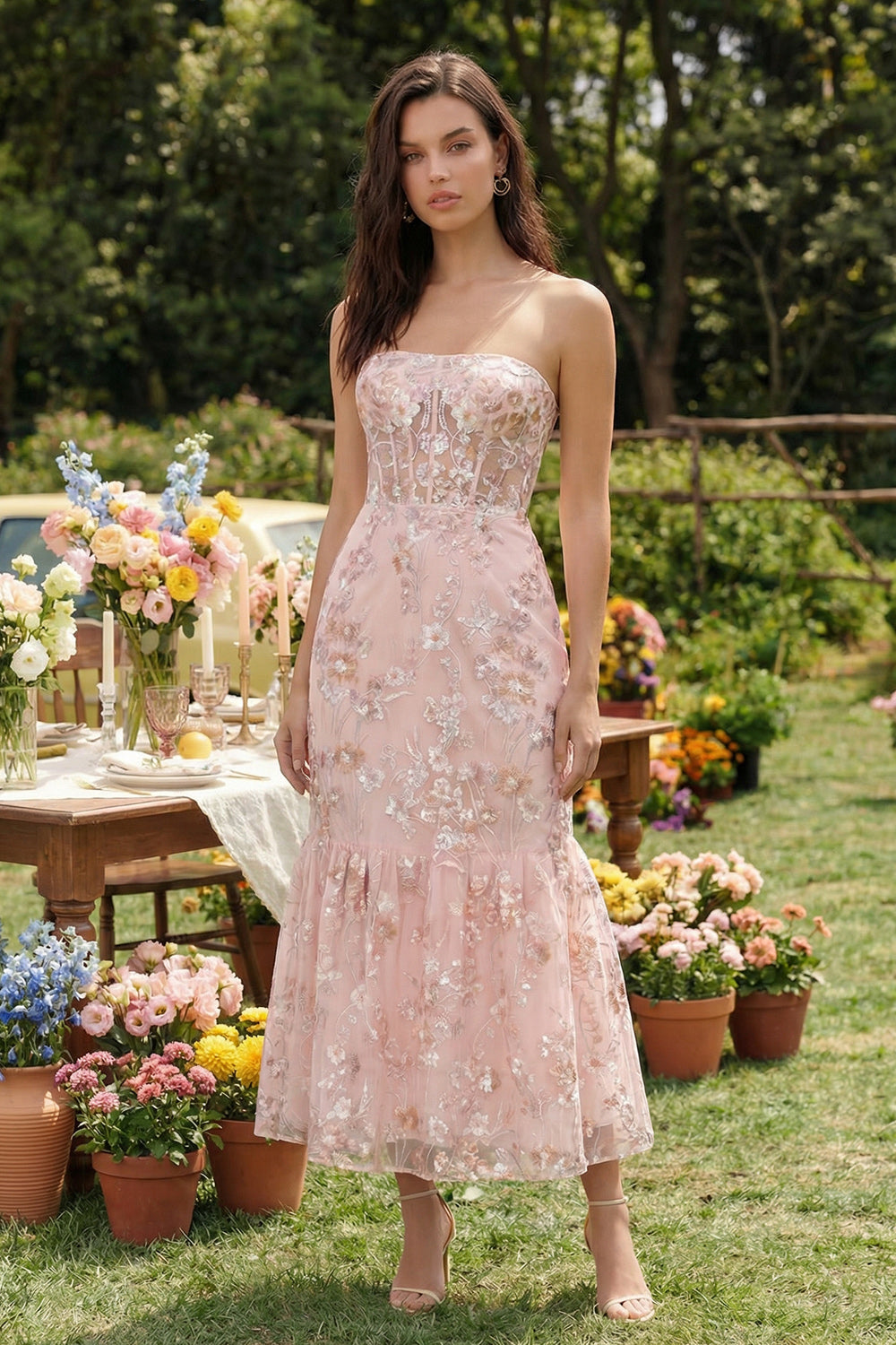 Pink Floral Mermaid Strapless Long Corset Wedding Guest Dress