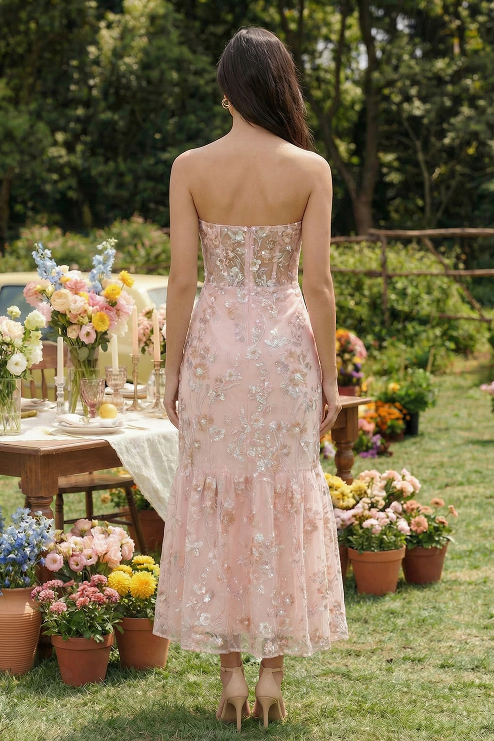 Pink Floral Mermaid Strapless Long Corset Wedding Guest Dress