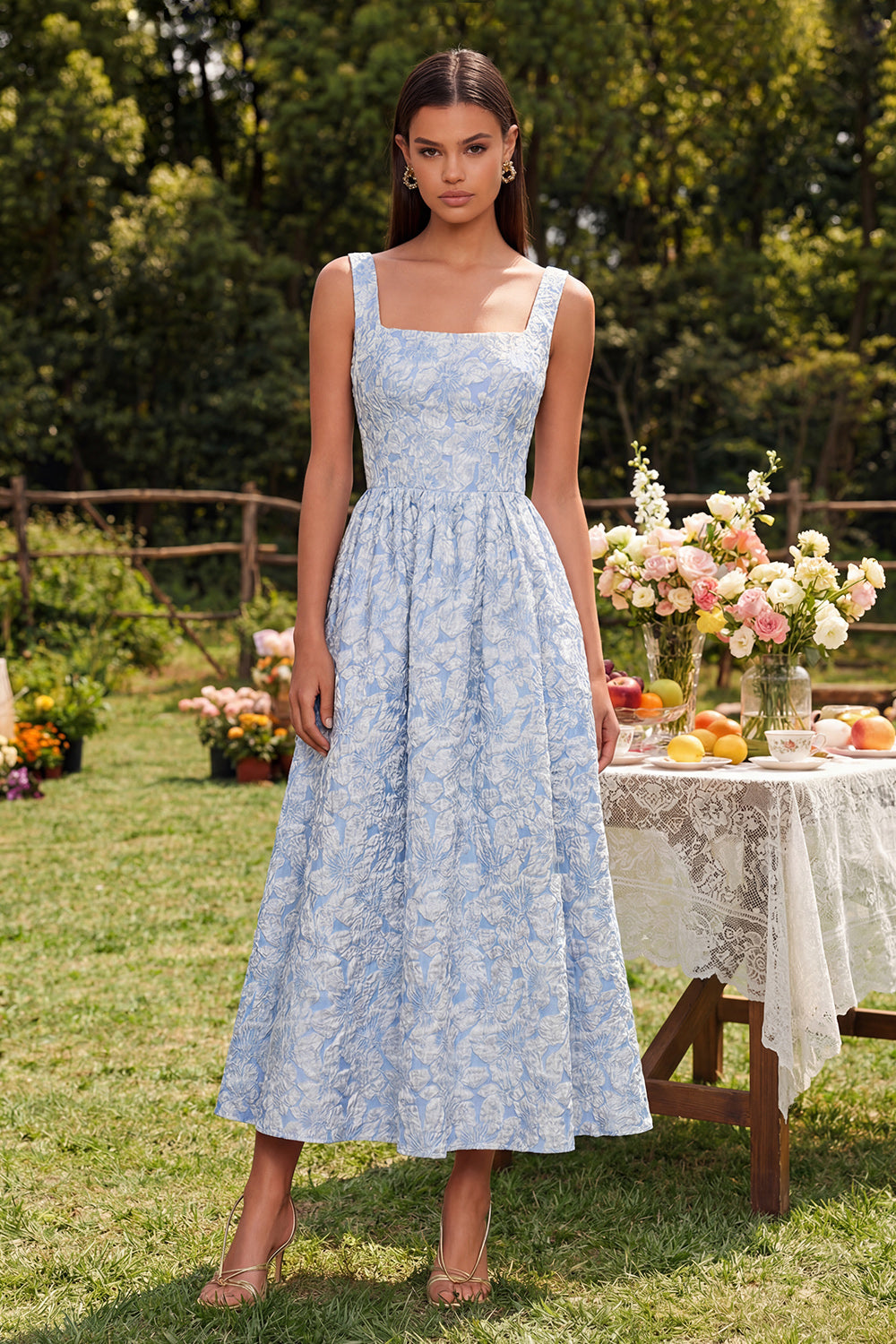 Blue Square Neck Jacquard A Line Floral Long Wedding Guest Dress