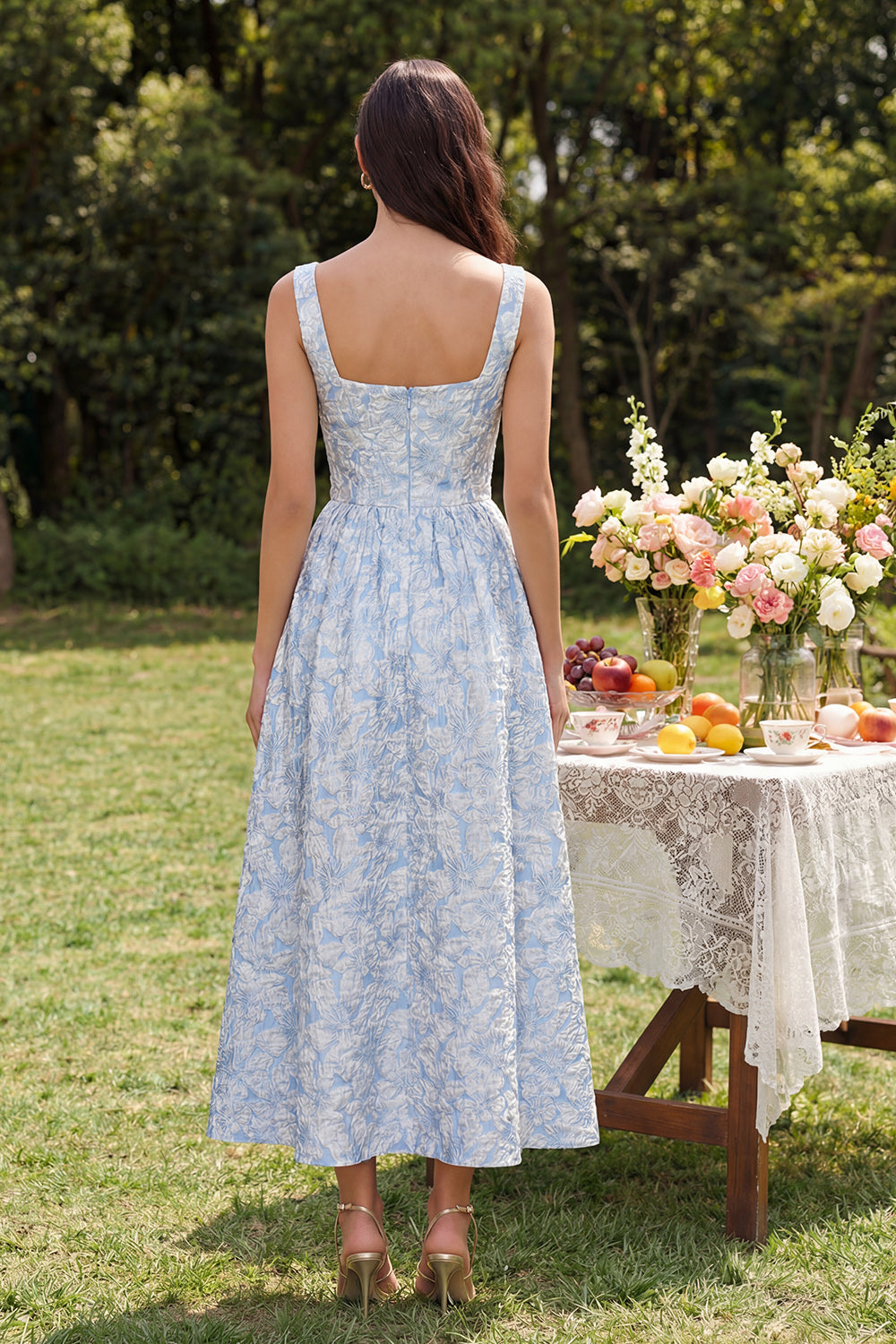 Blue Square Neck Jacquard A Line Floral Long Wedding Guest Dress