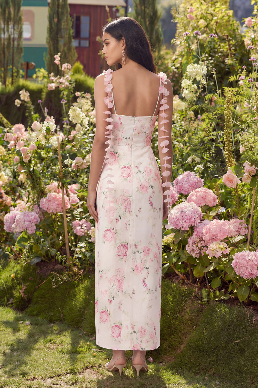 White Pink Flower Sheath Long Wedding Guest Dress with Strings