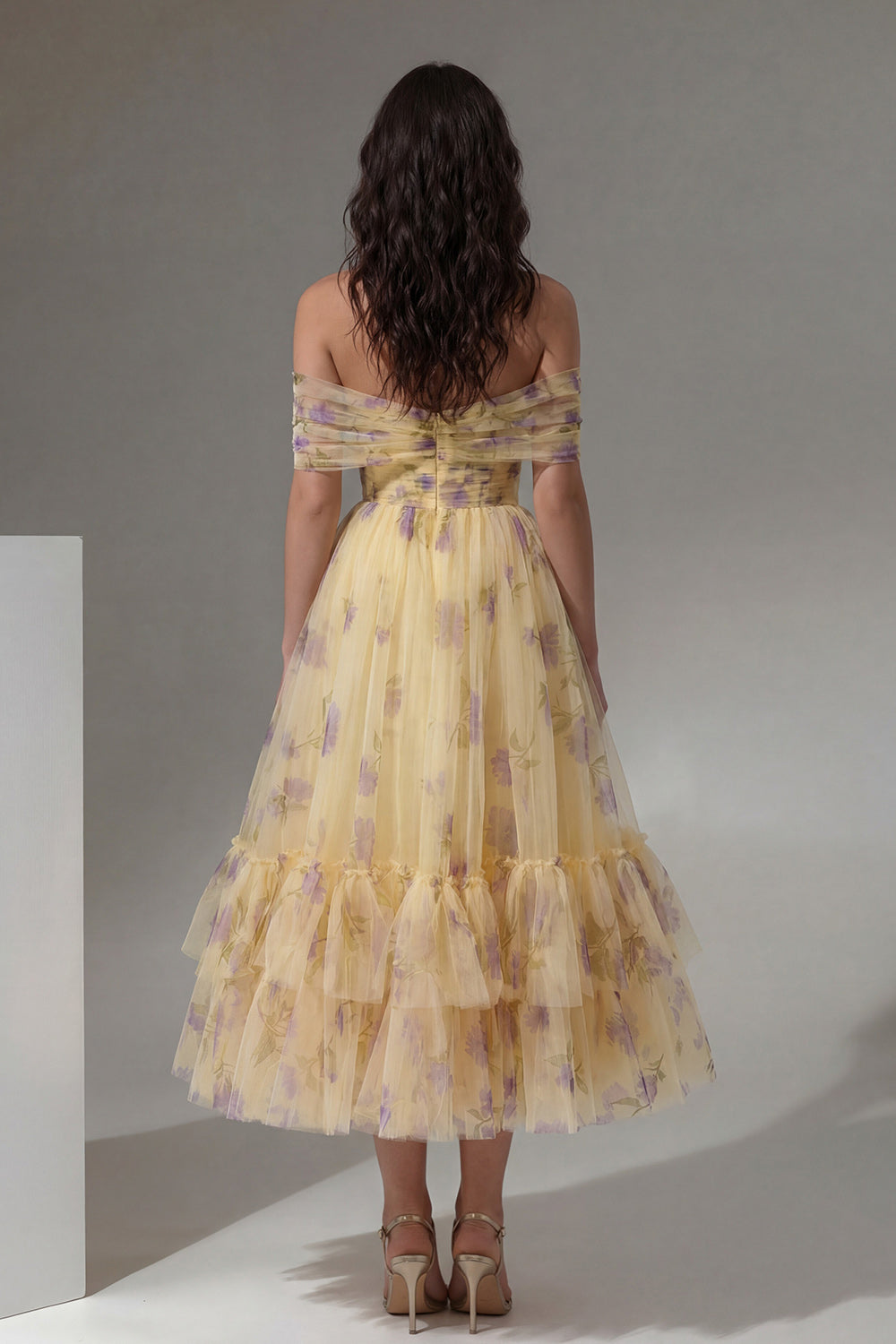Yellow Flower Tulle Off the Shoulder A Line Long Ruffled Wedding Guest Dress