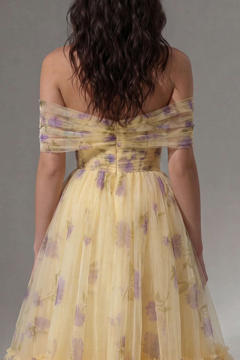 Yellow Flower Tulle Off the Shoulder A Line Long Ruffled Wedding Guest Dress