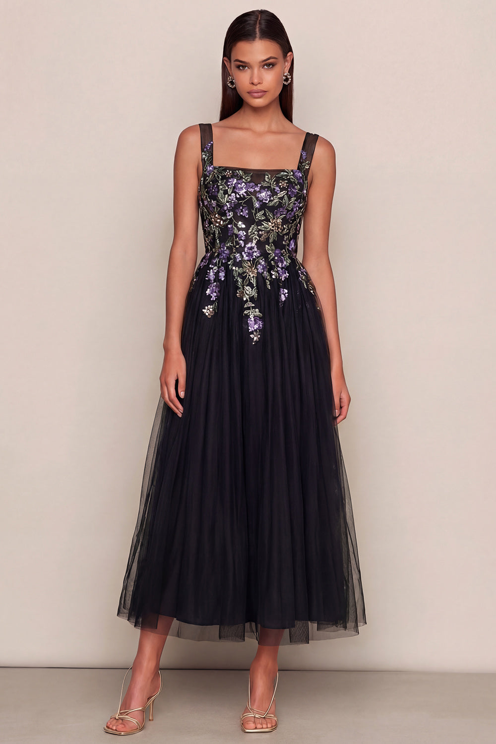 Black Tulle Appliqued Square Neck A Line Long Wedding Guest Dress