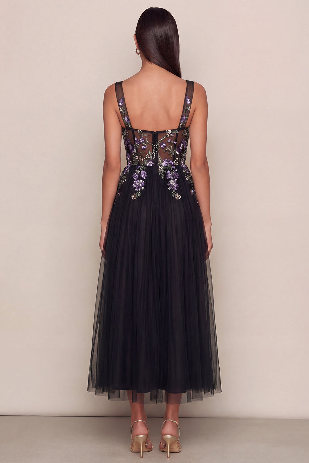Black Tulle Appliqued Square Neck A Line Long Wedding Guest Dress