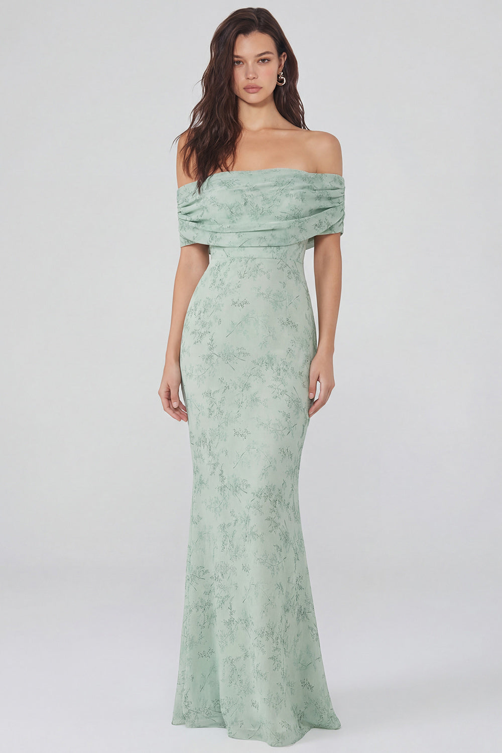 Dusty Sage Floral Off the Shoulder Mermaid Long Wedding Guest Dress
