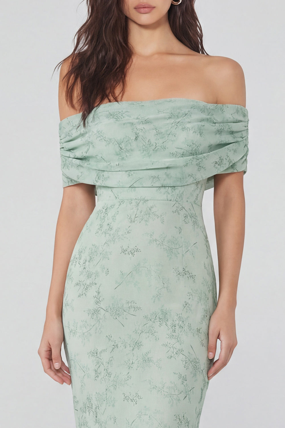 Dusty Sage Floral Off the Shoulder Mermaid Long Wedding Guest Dress