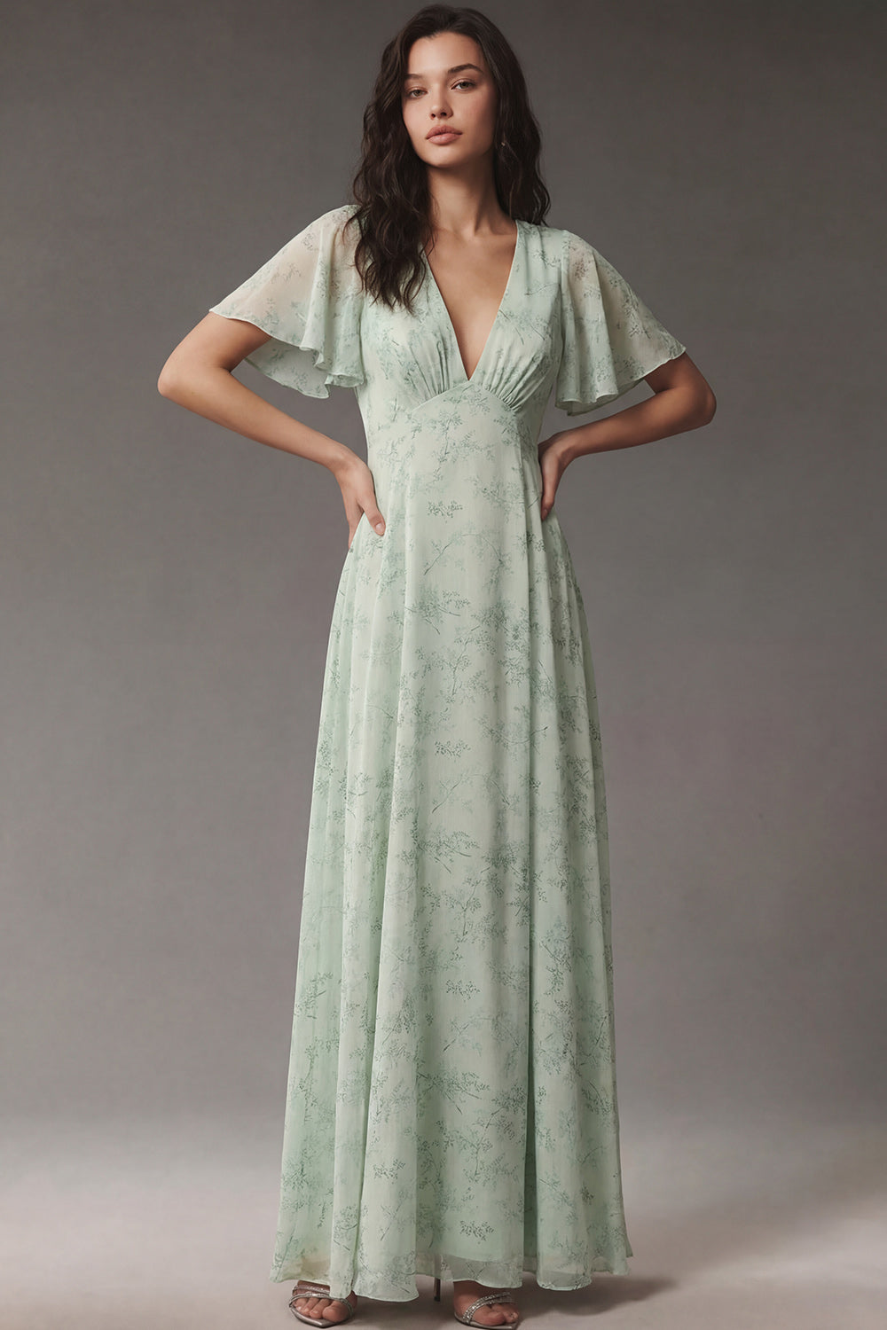 A Line Dusty Sage Floral V Neck Long Wedding Guest Dress