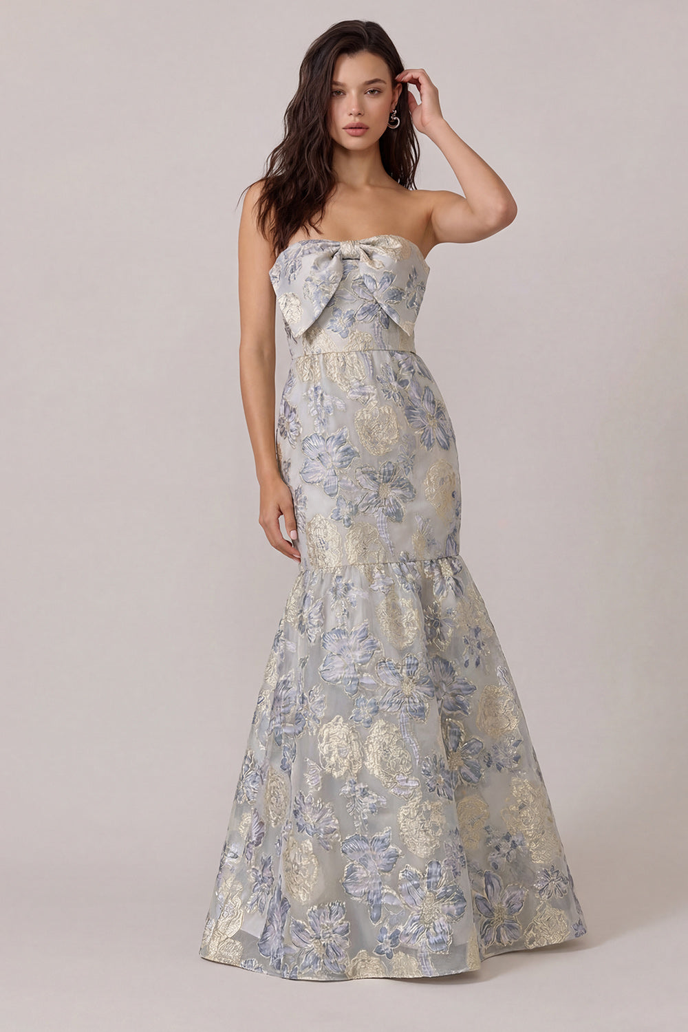 Dusty Blue Mermaid Jacquard Floral Long Wedding Guest Dress