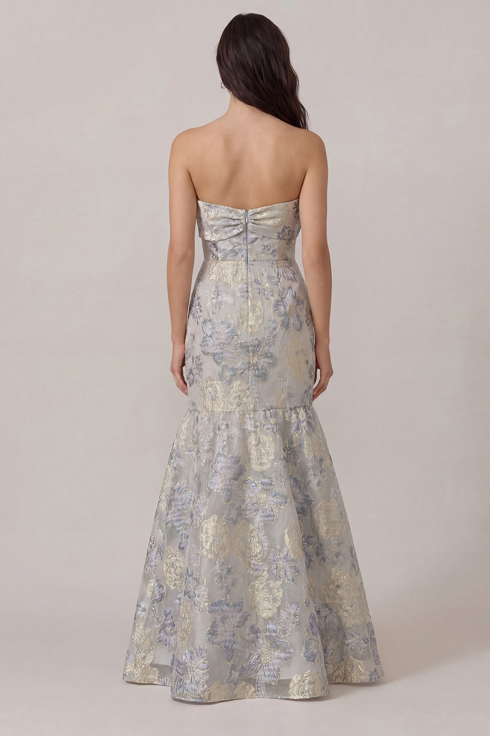 Dusty Blue Mermaid Jacquard Floral Long Wedding Guest Dress