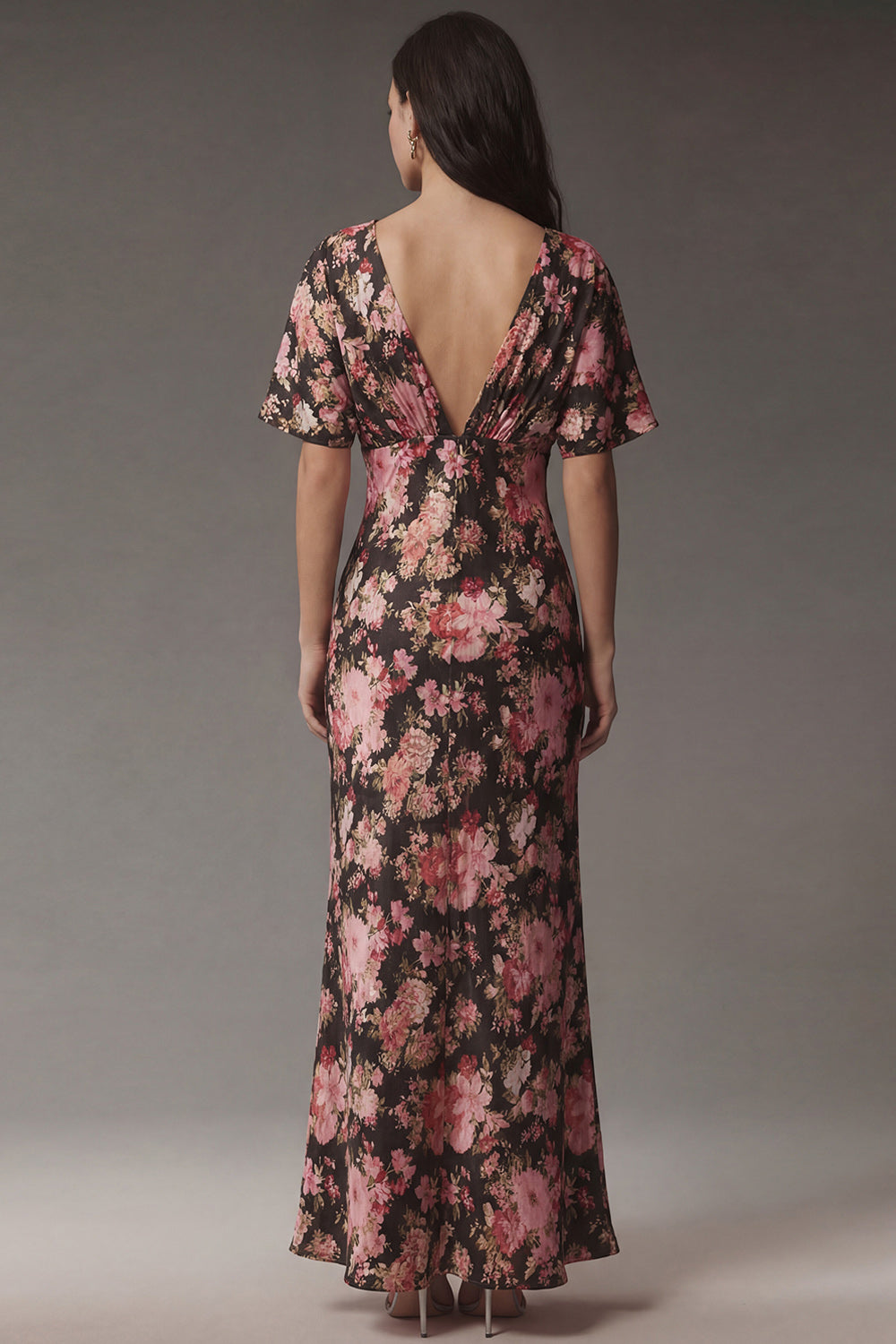 Black and Pink Flower V Neck Mermaid Long Wedding Guest Dress