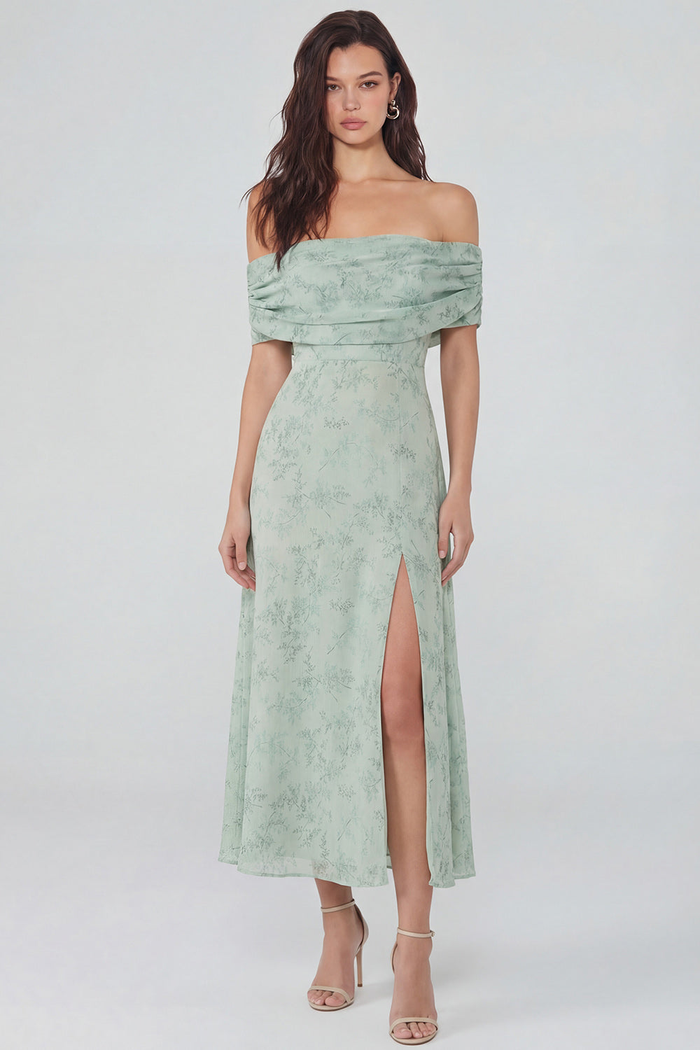 Dusty Sage Floral Off the Shoulder Long Wedding Guest Dress with Slit