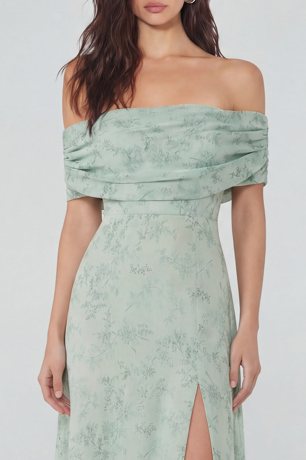 Dusty Sage Floral Off the Shoulder Long Wedding Guest Dress with Slit