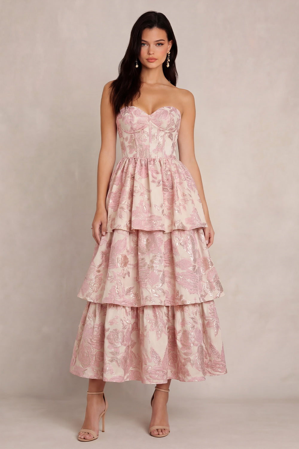 Blush Floral Sweetheart A Line Long Corset Wedding Guest Dress with Ruffles