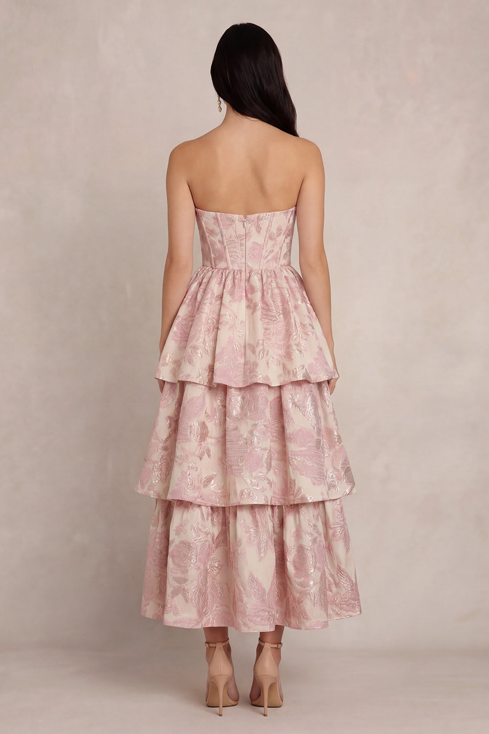 Blush Floral Sweetheart A Line Long Corset Wedding Guest Dress with Ruffles