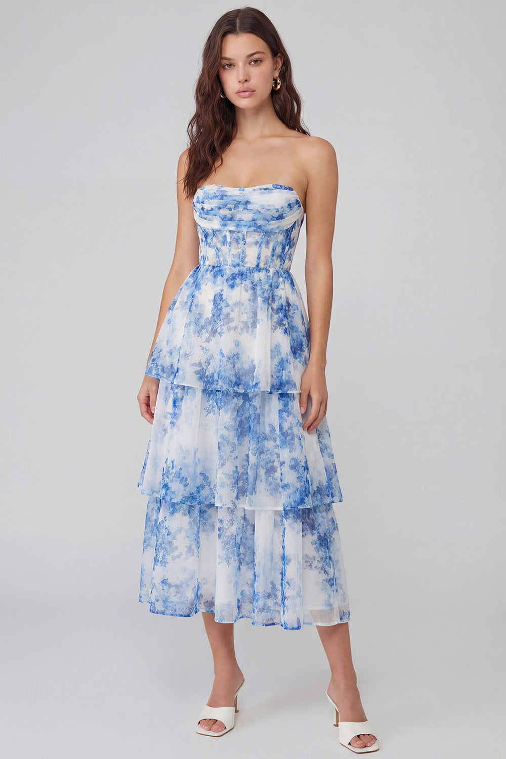White and Blue Flower Long Corset Wedding Guest Dress with Ruffles