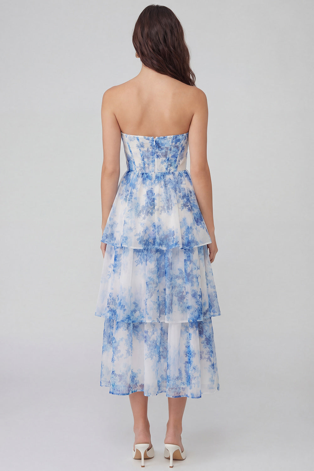 White and Blue Flower Long Corset Wedding Guest Dress with Ruffles