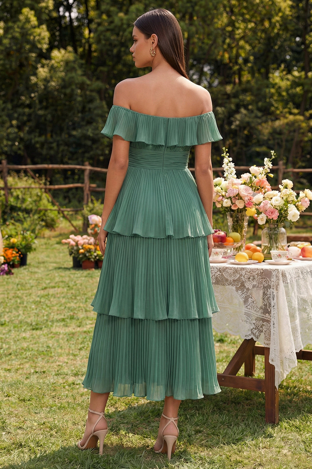Eucalyptus Tiered A Line Long Wedding Guest Dress with Ruffles