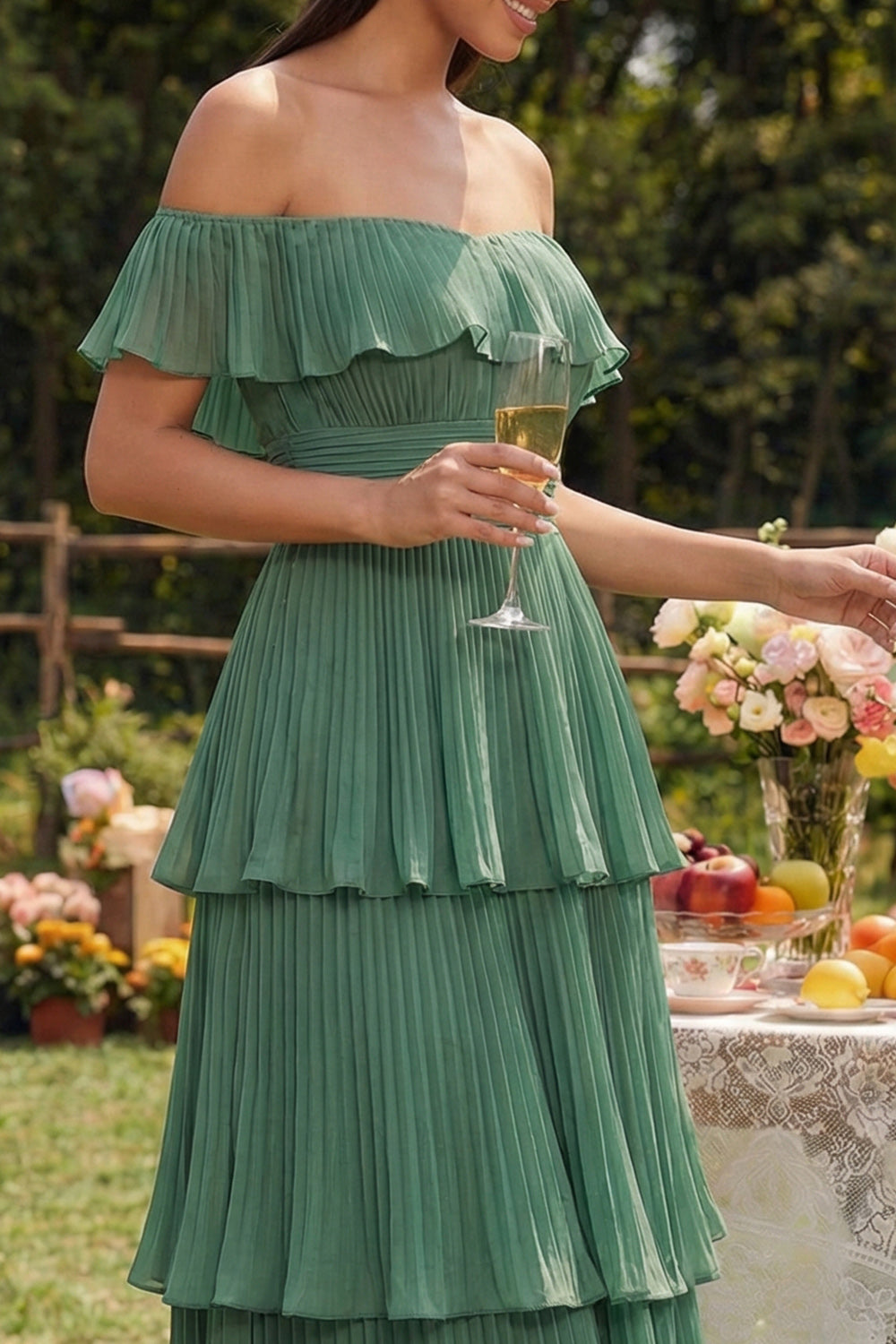 Eucalyptus Tiered A Line Long Wedding Guest Dress with Ruffles