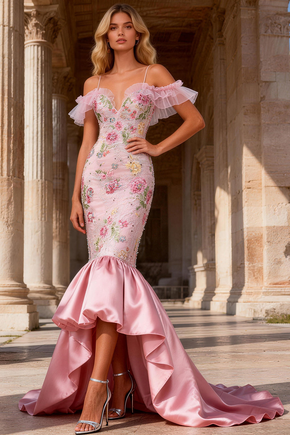 Sparkly Floral Pink Cold Shoulder Ruffled Mermaid High-Low Prom Dress
