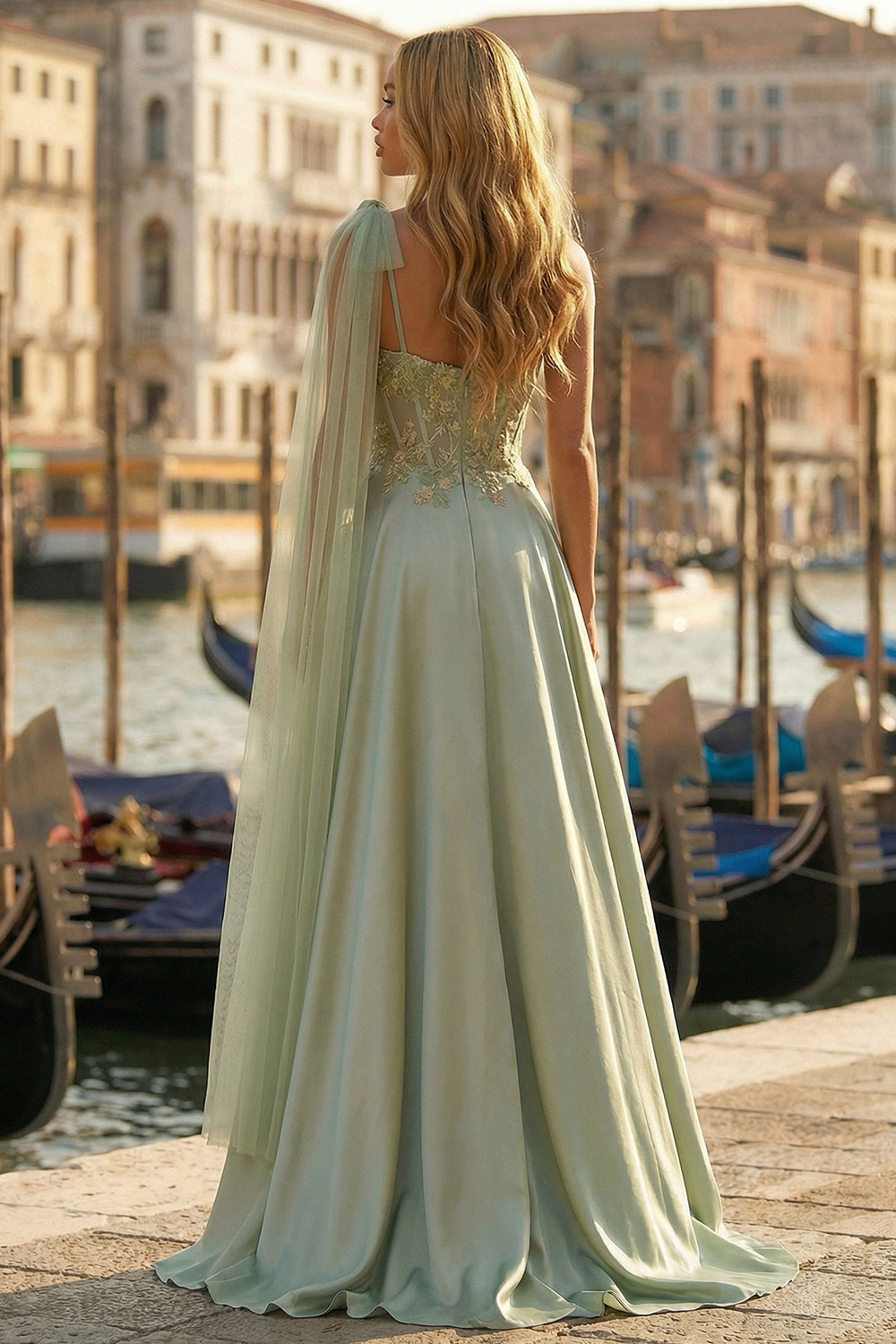 Sage Green Satin Appliqued One Shoulder Corset High-Low Prom Dress with Side Cape