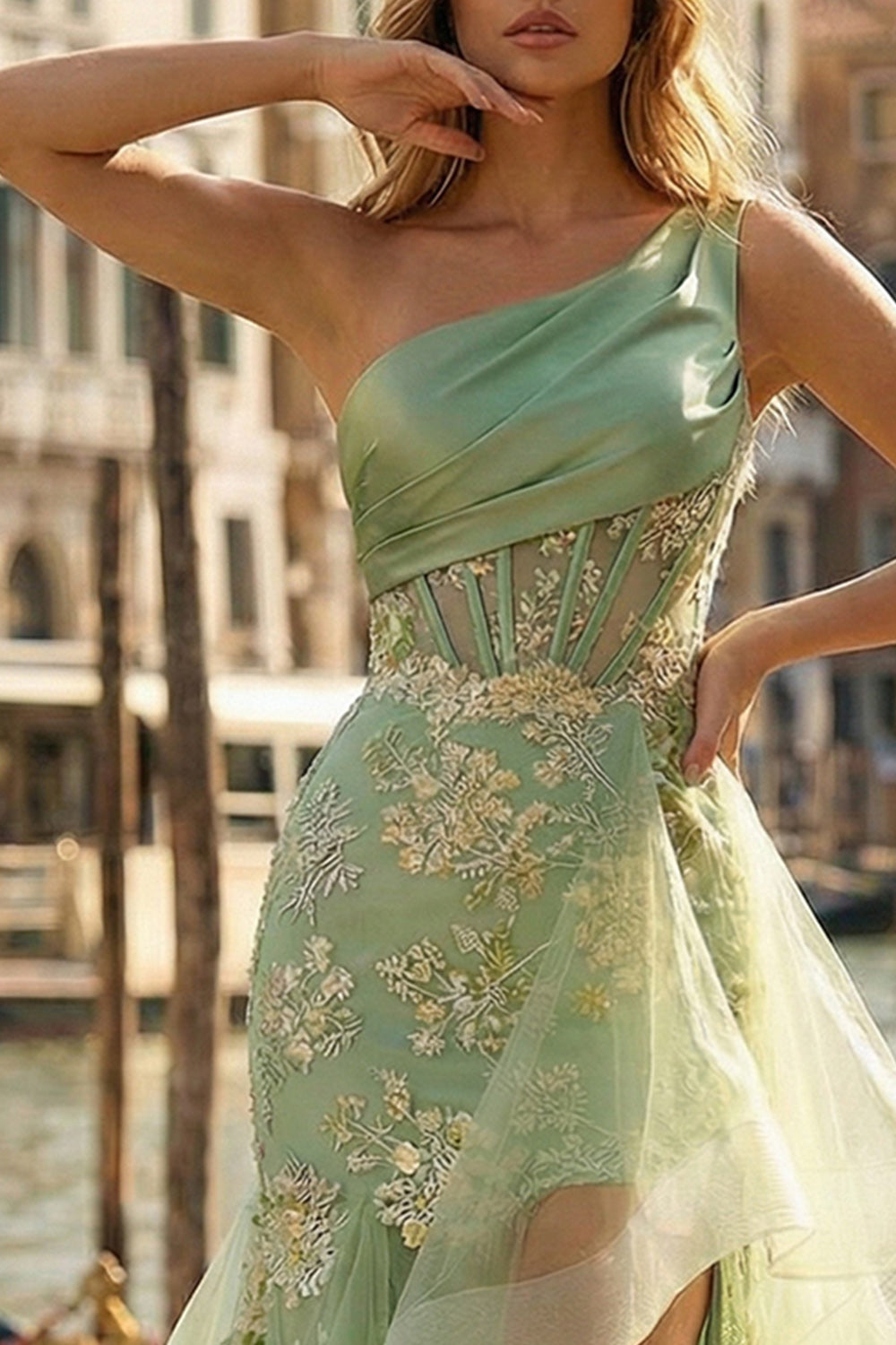 Light Green Ruffled One Shoulder Mermaid Appliqued High-Low Corset Prom Dress