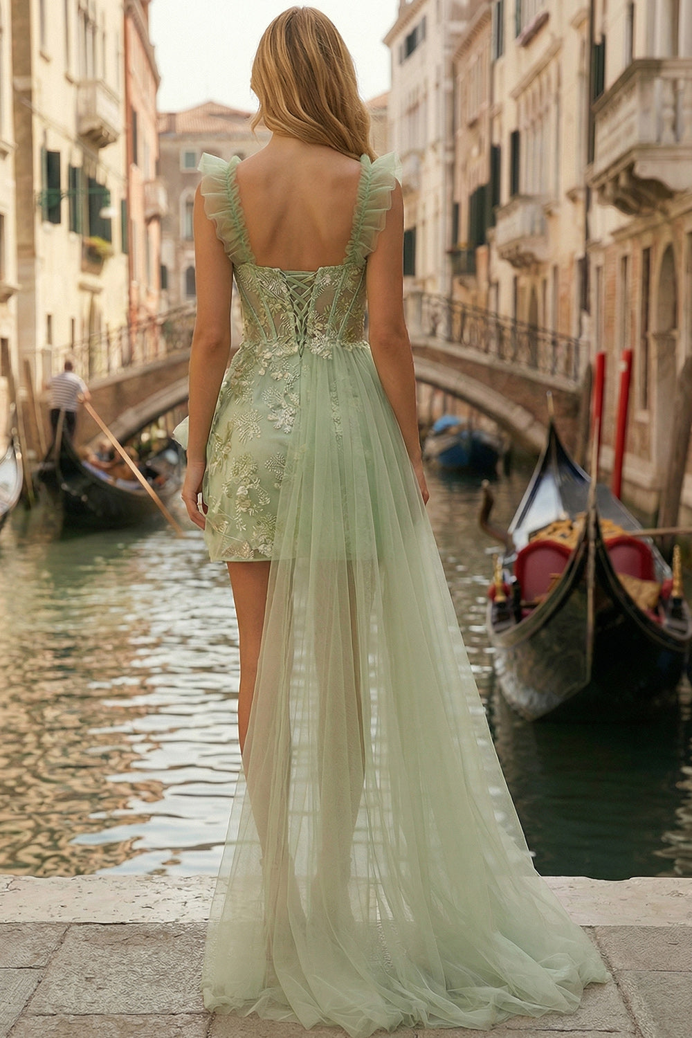 Sparkly Light Green Thick Straps Appliqued Ruffled A Line Short Prom Dress with Cape