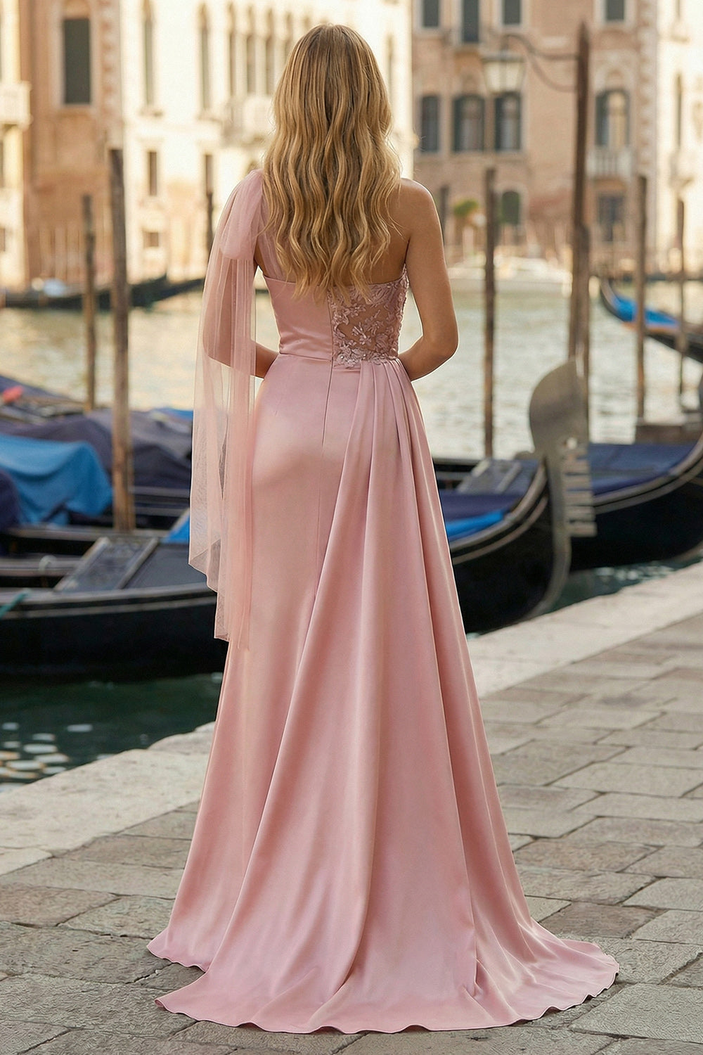 Pink One Shoulder Ruched Appliqued Long Prom Dress with Side Cape